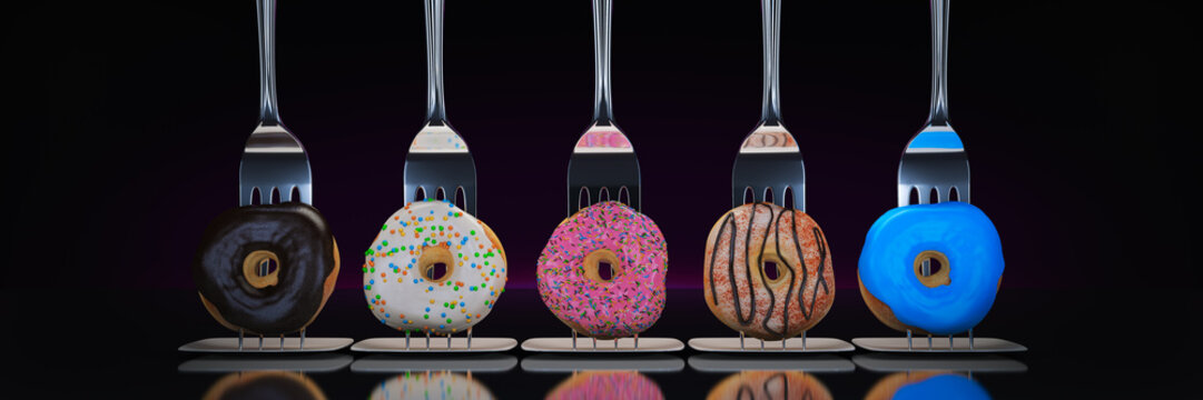 The Modern Diet - donut with fork. 3d rendering