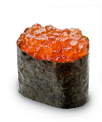 Gunkan sushi with red caviar on white background. Isolated