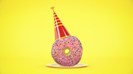  Donut with party hat. 3d rendering
