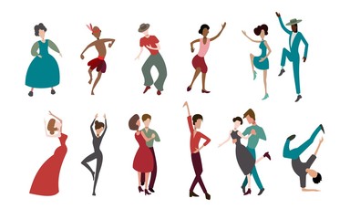 dancers in different genres of music, people of different ages and different races dance, set