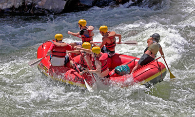 Whitewater rafting trip on the Arkansas River through Colorado's Royal Gorge canyon. - obrazy, fototapety, plakaty
