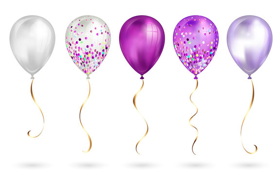 Set Of 5 Shiny Purple Realistic 3D Helium Balloons For Your Design. Glossy Balloons With Glitter And Gold Ribbon, Perfect Decoration For Birthday Party Brochures, Invitation Card Or Baby Shower