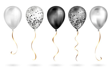 Set of 5 shiny black and white realistic 3D helium balloons for your design. Glossy balloons with glitter and gold ribbon, perfect decoration for birthday party brochures, invitation card