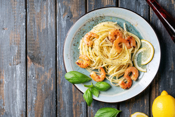 Fried shrimp prawns Italian spaghetti pasta