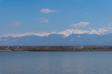 Olt River Panorama with Carpathian Mountains in background