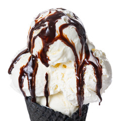 close up of black cone, waffle cup with scoops of ice cream decorated chocolate glaze is isolated...