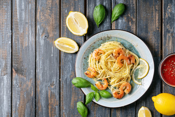 Fried shrimp prawns Italian spaghetti pasta
