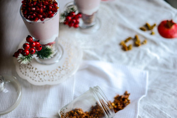 Fototapeta na wymiar tasty breakfast from creamy pomegranate dessert with homemade granola in hight glasses decorated with red berries on the ight background in the winter morning