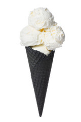 black cone, waffle cup with scoops of ice cream is isolated on white background
