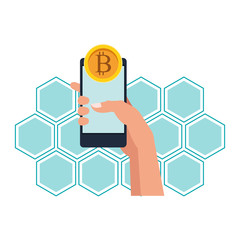 hand holding cellphone with cryptocurrency