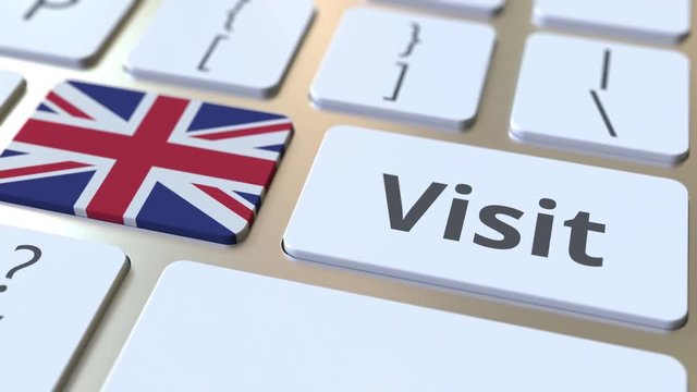 VISIT text and flag of Great Britain on the buttons on the computer keyboard. Conceptual 3D animation