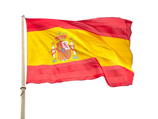Flag of Spain, called La Rojigualda, waving isolated on a white background.