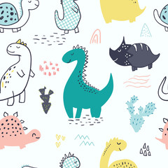 Seamless pattern with cute hand drawn dinosaurs for baby and kids fabric, textiles, wallpapers and products