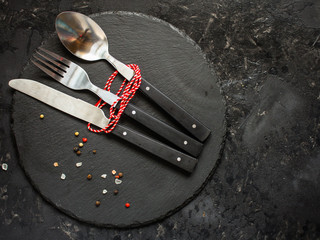 cutlery rustic, used for eating or serving (fork, knife, spoon - set). food background. copy space