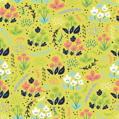 Abstract flowers floral seamless pattern for fabric, textile, wallpaper and other products design. Whimsical hand drawn tileable background