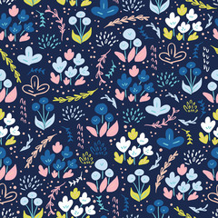 Abstract flowers floral seamless pattern for fabric, textile, wallpaper and other products design. Whimsical hand drawn tileable background