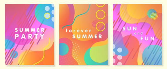 Unique artistic summer cards with bright gradient background,shapes and geometric elements in memphis style.Abstract design cards perfect for prints,flyers,banners,invitations,parties and more.