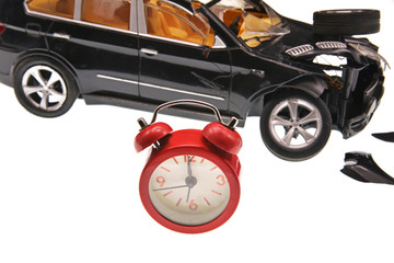 car accident and damaged car isolated on white background