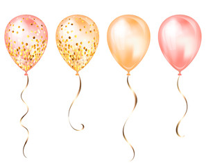 Set of 4 shiny gold and pink realistic 3D helium balloons for your design. Glossy balloons with glitter and gold ribbon, perfect decoration for birthday party brochures, invitation card or baby shower