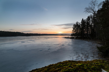 Icy lake in sunrise