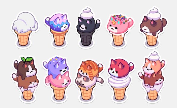 kawaii ice cream cats stickers. ice cream with different balls in the form of round kittens in the waffle cone. Funny stickers for your design.
