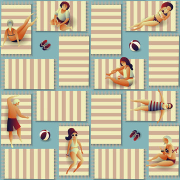 Seamless pattern with people on the beach. Flat vector illustration. Summer holiday in the resort, sunbathing girls and boys on rugs and mats.