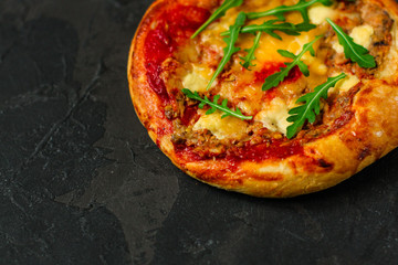 pizza, mushrooms, arugula, tomato sauce, cheese. food background