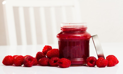 Raspberry jam and fresh raspberries