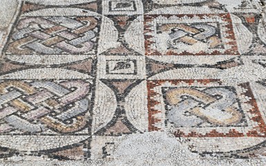 Antique mosaic. Mosaic of the ancient city. Abandoned, old houses.Turkey