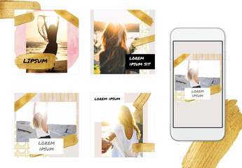 Social Media Post Layout Set with Gold Glitter Brush Strokes and Pattern Accents
