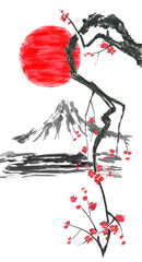 Oriental  traditional sumi-e painting. Fuji mountain, blossom sakura,  sunset. Japan sun. Watercolor and ink illustration