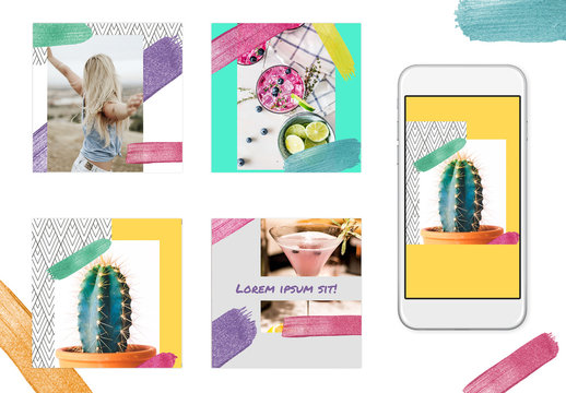 Social Media Post Layout Set with Rainbow Glitter Brush Strokes