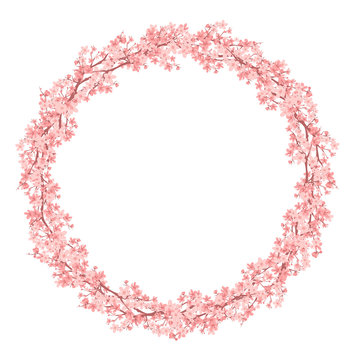 blooming cherry tree branches wreath - vector circle frame made of pink sakura flowers