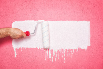 Caucasian house painter worker, painting the pink wall with white paint using the roller. Construction industry. Work safety.