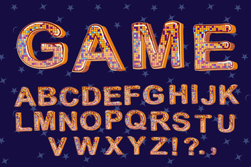 Funny cartoon multicolored bubble letters. The alphabet in the pixel grid. vector.