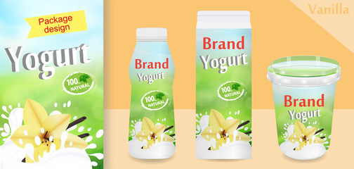 Natural vanilla Yogurt ads or packaging design. Template various packages for yogurt products. Applicable for branding, design presentation. Vector