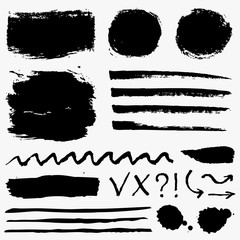 Paint brush strokes, grunge stains and symbols. Vector collection.