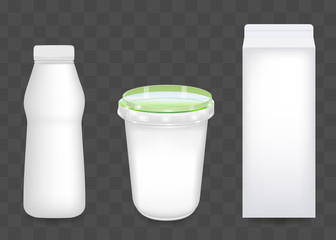 Realistic yogurt, cottage cheese or sour cream packaging set isolated on transparent background. Various packages for dairy products. Applicable for branding, design presentation. Vector