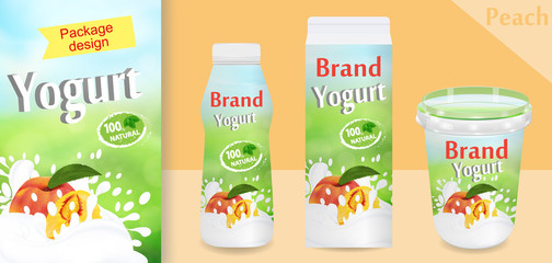 Natural peach Yogurt ads or packaging design. Template various packages for yogurt products. Applicable for branding, design presentation. Vector