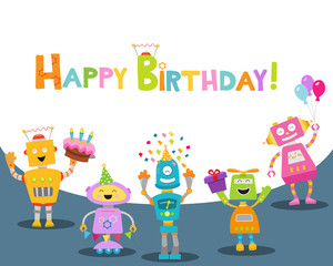 Obraz na płótnie Canvas Cute Birthday Card With Robots