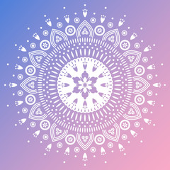 Flower lace ornament mandala on purple background. Festive folk illustration