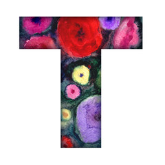 Letter "T" of the Latin alphabet with watercolor floral texture, isolated on a white background.