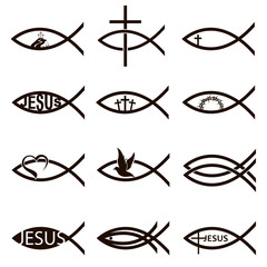 collection of black jesus fish icons isolated on white background