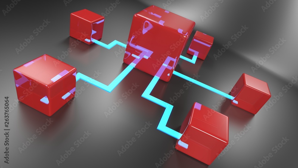 Poster network concept with metallic items connected on black background - 3d rendering illustration