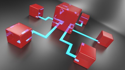 Network concept with metallic items connected on black background - 3D rendering illustration