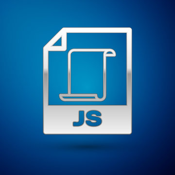 Silver JS file document icon. Download js button icon isolated on blue background. JS file symbol. Vector Illustration