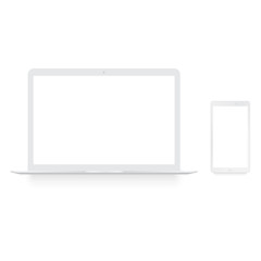 Realistic white laptop and smartphone mock up . Vector.