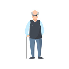 Senior man with eyeglasses in blue pants stay in walking stick