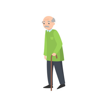 Sad old man goes with wood walking stick in park