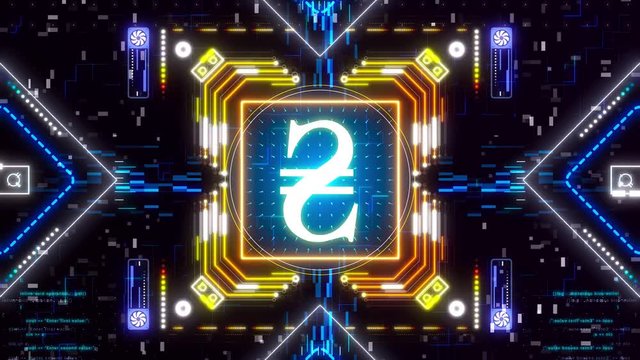 Ukrainian hryvnia currency symbol animation on digital background. Finance and business 4k video.
